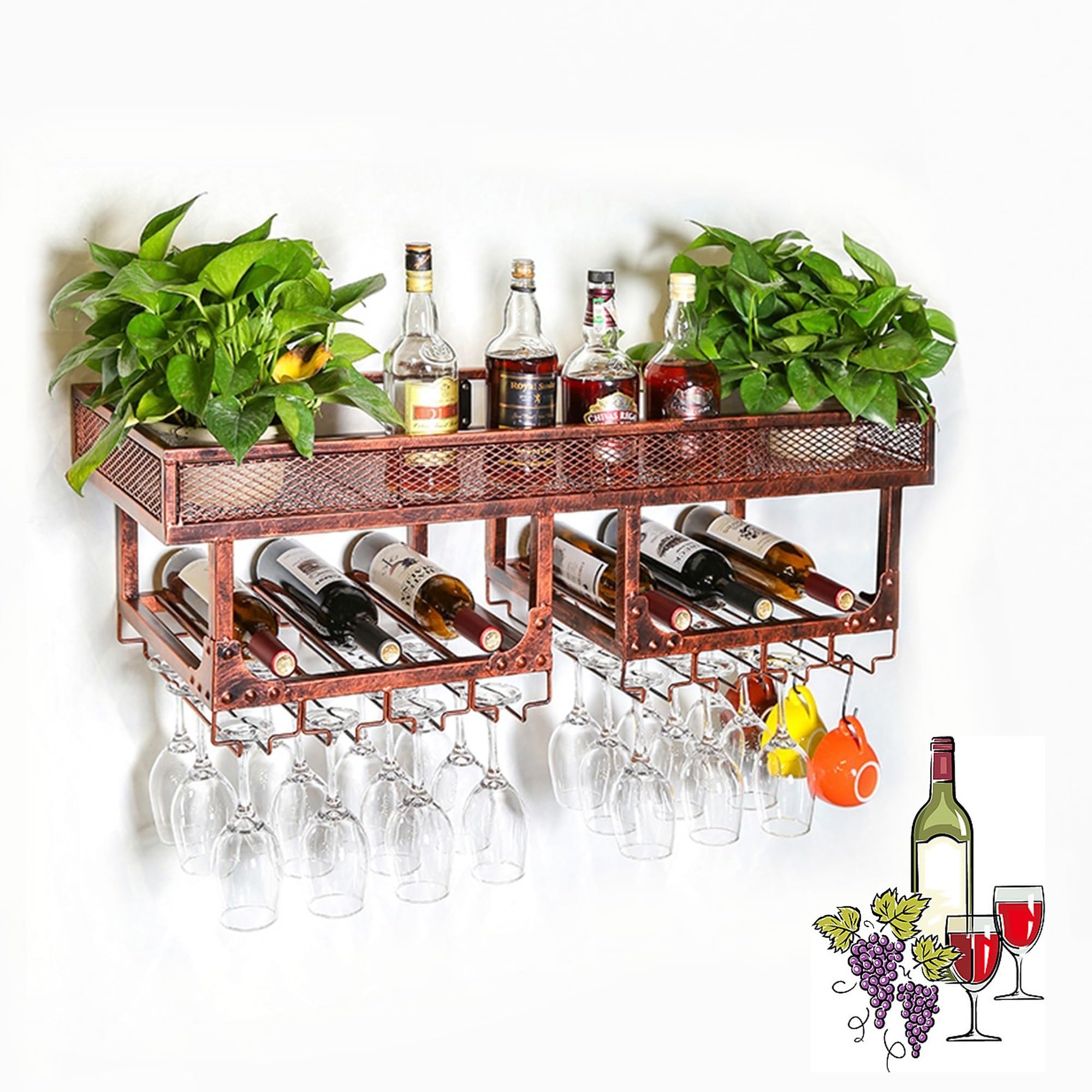 HSJFS Metall Wein Rack Wand Befestigte Bar Regale Mit Hängendem Wein Glas Rack Mini Bar Liquor Schrank Bar Flasche Display Regal Whiskey Regal Küche Speicher Rack Für Bar Cküche Esszimmer/Bronze/100*3