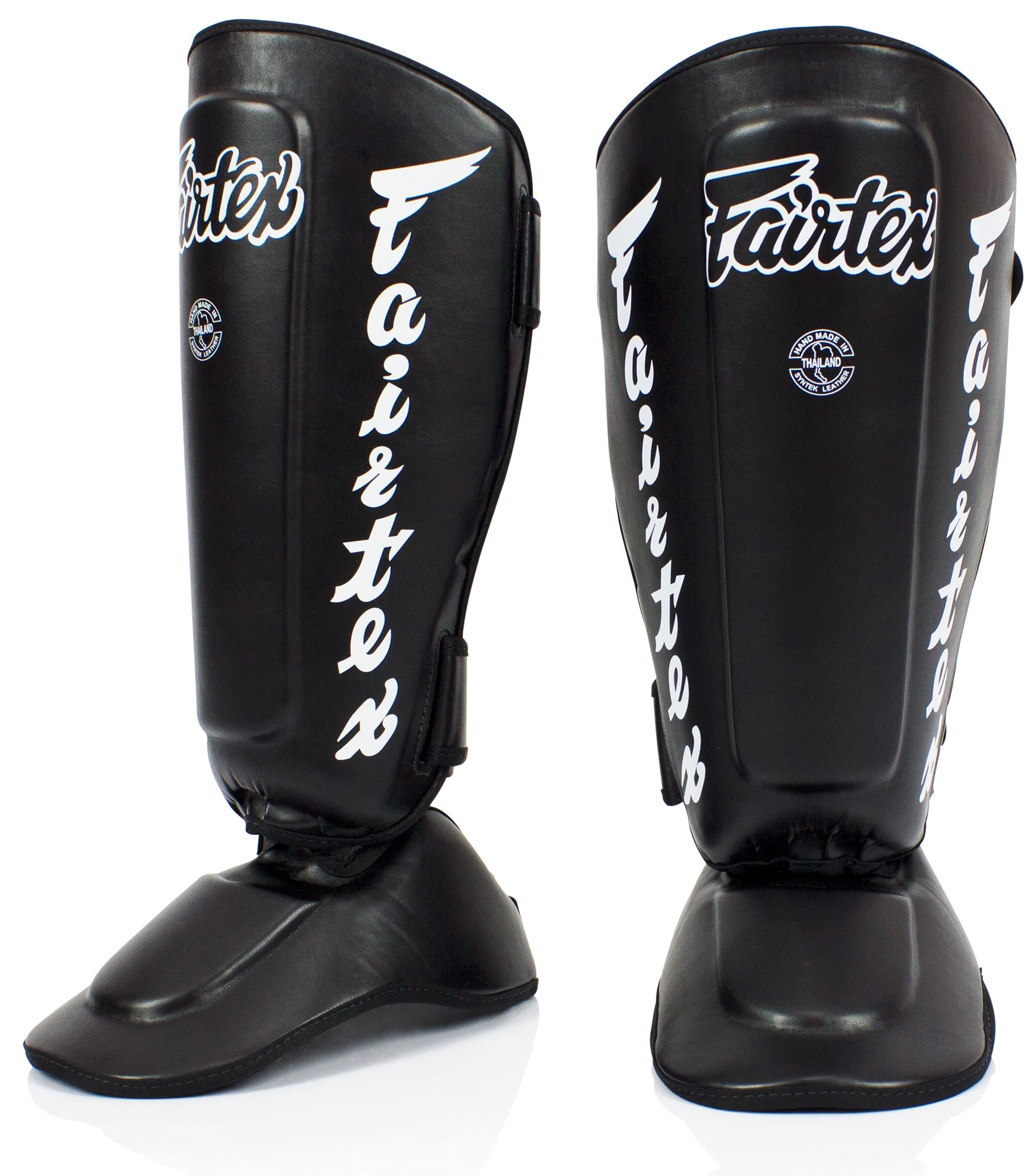 Fairtex SP7 Muay Thai Schienbeinschützer für Herren, Damen, Kinder | aus Syntek-Leder und hochwertig, leicht und langlebig | Abnehmbarer Schienbein- und Fußschutz(Medium-Schwarz)