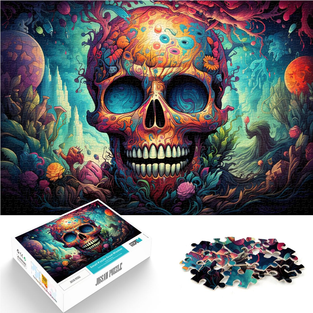 Puzzle-Geschenk, Bunter Psychedelischer Totenkopf für Erwachsene, 1000-teiliges Puzzle, Holzpuzzle für Familienspaß und Spieleabend, 1000 Teile (50 x 75 cm)