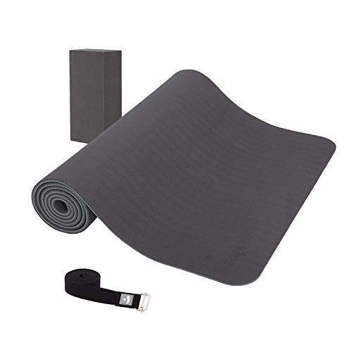 Lotus Pro Yoga Set, TPE-Yogamatte (6mm), schwarz, mit farblich passendem Yogagurt und Yogablock, Komplett Set