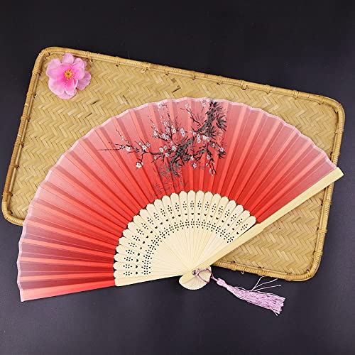 VSULZVNU Handfächer Faltbar, Handfächer Faltbar Rot Bambus Fächer Elegant Pflaumenblüten Japanischer Chinesischer Fächer mit Rosa Quaste Orientalisch Handgemachte Seidenfächer für Tanzen