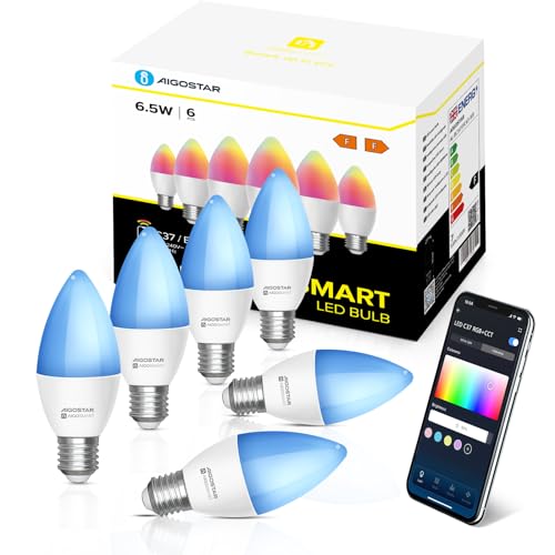 Aigostar Alexa Glühbirnen E27 SL2 Smart LED Lampe 6.5W Wlan Glühbirne LED RGBCW 2700-6500K Dimmbare, Mit Musik synchronisieren, App Steuern Kompatibel mit Alexa/Google Home,Kein Hub notwendig,6 Stück