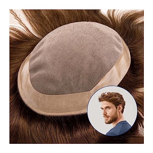 Männer Toupet 6" glattes Echthaarsystem, feines Mono-Oberteil und PU-Umfang, Herren-Toupet, 120% Dichte, 4# braune Farbe, atmungsaktive Herrenhaarprothese, Herrenperücke Haarteil für Männer(8x10)