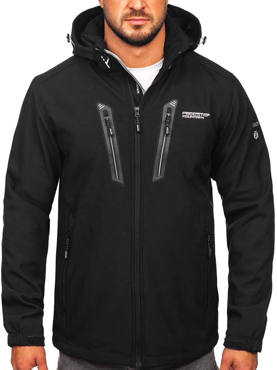 BOLF Herren Softshelljacke Übergangsjacke mit Kapuze Regenjacke Funktionsjacke Winddicht Wasserdicht Sportjacke Trekkingjacke Atmungsaktiv Outdoor Style WX086 Schwarz-Silber M [4D4]