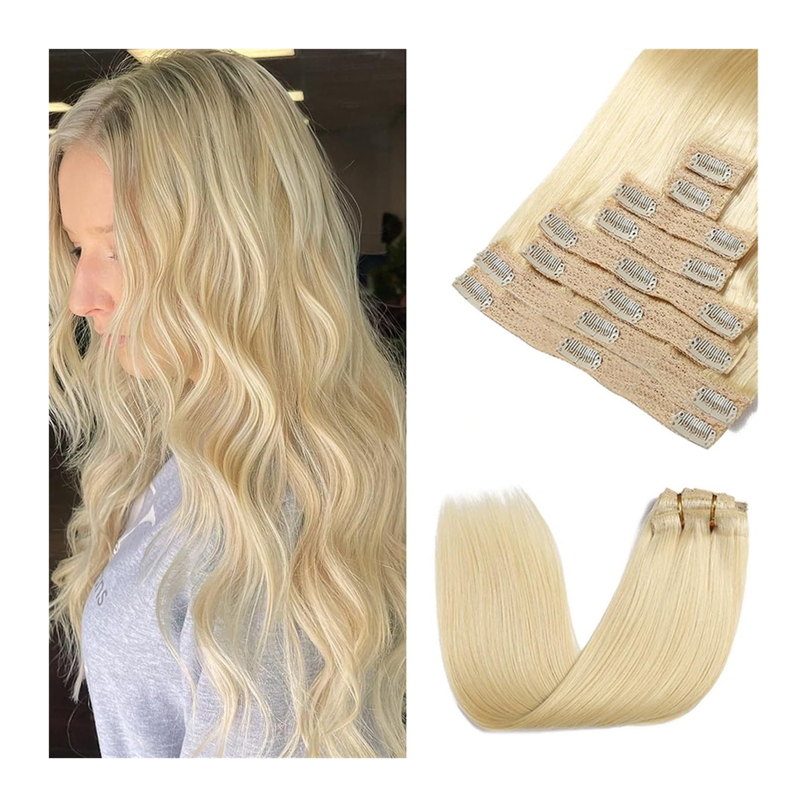 Clip-in-Haarverlängerungen 8 Stück Clip-in-Haarverlängerungen aus echtem Echthaar, blond, 14–26 Zoll, blond, 100% glattes Remy-Echthaar, Nr. 613, blond, Clip-in-Haarverlängerungen Clip-in-Haarverläng