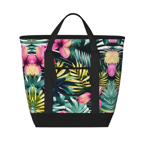 YQxwJL Isolierte Kühltasche mit tropischem Sommer, Hawaii-Blume, Palmblätter, großes Fassungsvermögen, Einkaufstasche, Reisetasche, Strand, wiederverwendbare Einkaufstasche für Erwachsene, Schwarz,