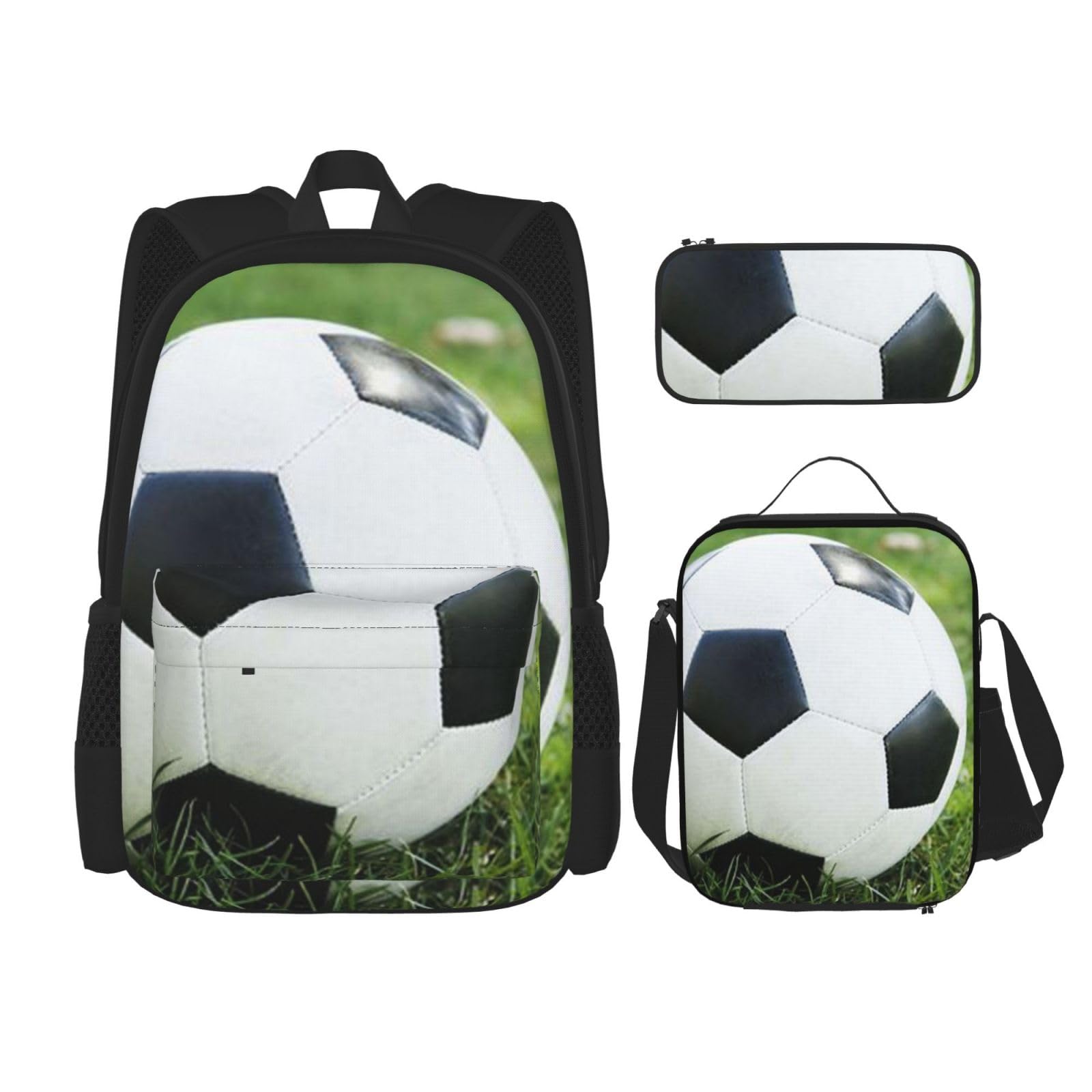 DENMER Mehrzweck-Schultasche mit passendem Federmäppchen und Lunchtasche - Ihre stilvolle All-in-One-Lösung, Fußballball auf Grassy, Einheitsgröße