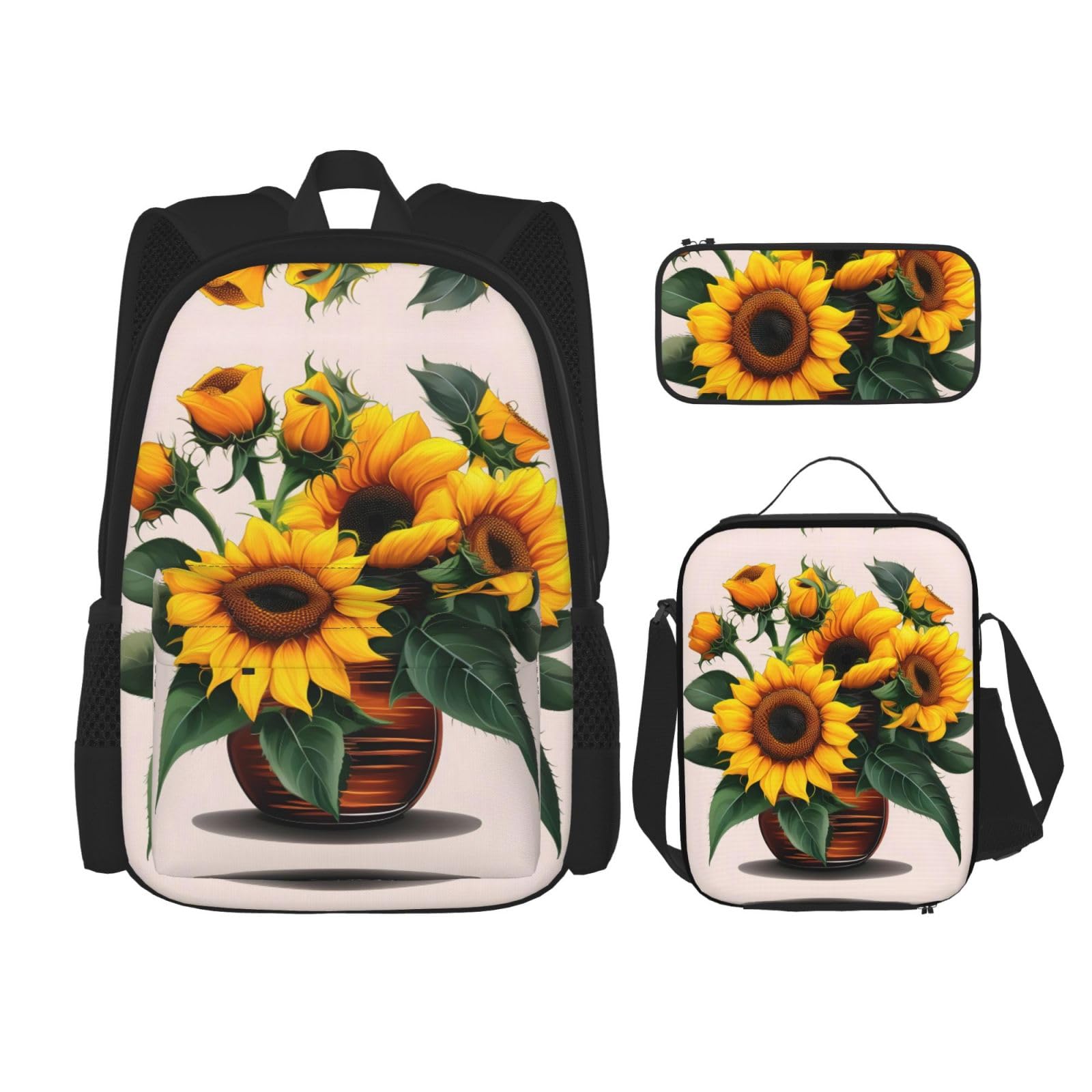 WURTON Reise-Lunchbox mit Sonnenblumen- und Rosen-Druck, Federmäppchen, Rucksack-Set, 3-teilig, verstellbare Riemen, leicht, Schwarz, Einheitsgröße