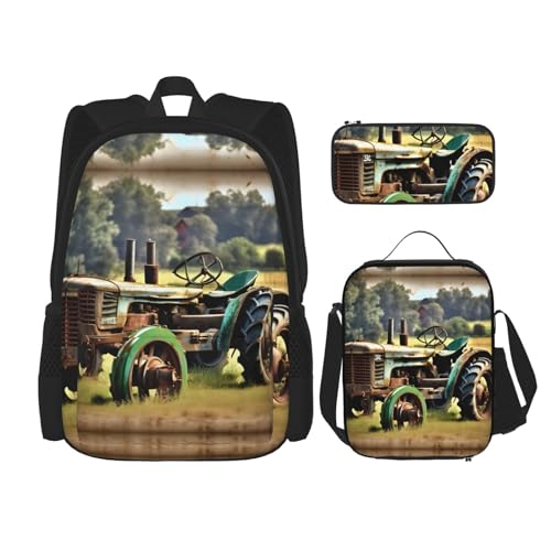 YQxwJL 3-in-1-Rucksack-Büchertaschen-Set, Opossum im Schnee, lässiger Reiserucksack, mit Federmäppchen, Lunchtasche, Old Tractor Photo Farm, Einheitsgröße