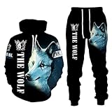 RIAAJ 3D wolf Jogginganzug Herren Jogging Sportanzug Fitness Sporthose Hose Hoodie Herren Trainingsanzug Zweiteiliges Set Freizeitanzug mit Löwen Tigermuster Sportsw (A7,L)