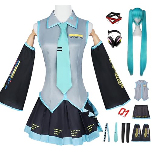 JGZGCG Miku Cosplay Kostüm Set mit Perücke Kopfhörer H'atsune Miku Verkleidung Anime Miku Uniform Weihnachten Halloween Karneval Party Bühnenauftritt Kostüm Erwachsene XXS-3XL