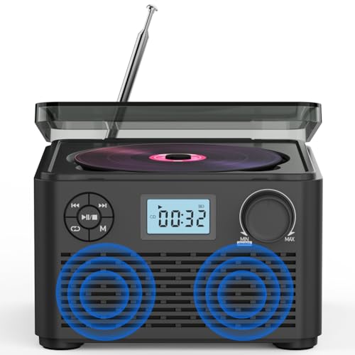 HVVENTY CD-Player Vintage 4000mAh Bluetooth Musik-Disk Album Disc CD-Player Tragbares FM-Radio