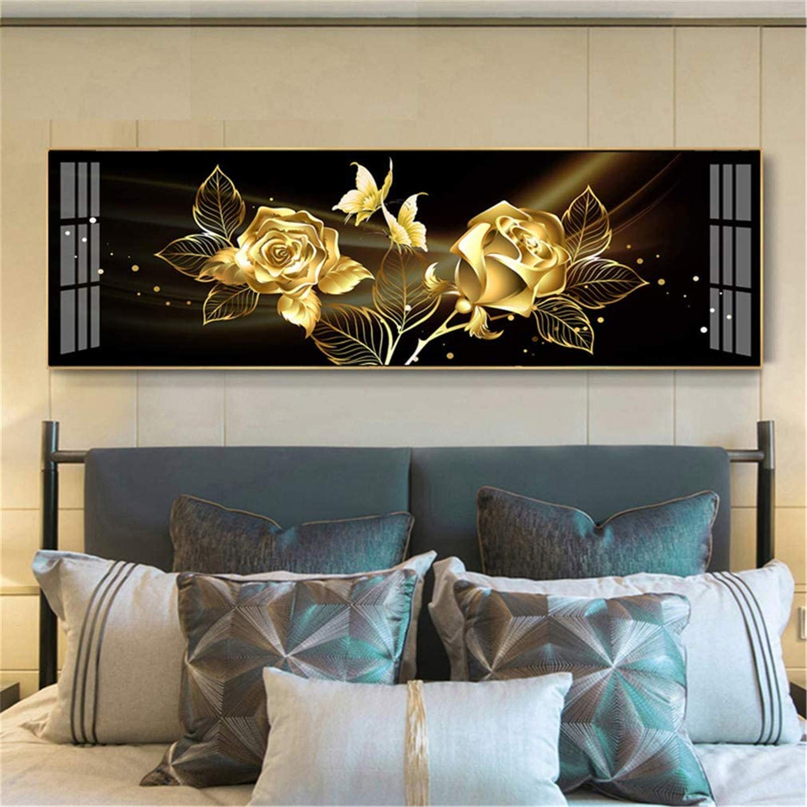 Nicole Knupfer 5D Diamant Painting Kit Full Bohrer Golden Rose Diamond Painting Strass Malerei Wohnzimmer Schlafzimmer Wanddekoration (150x40cm)