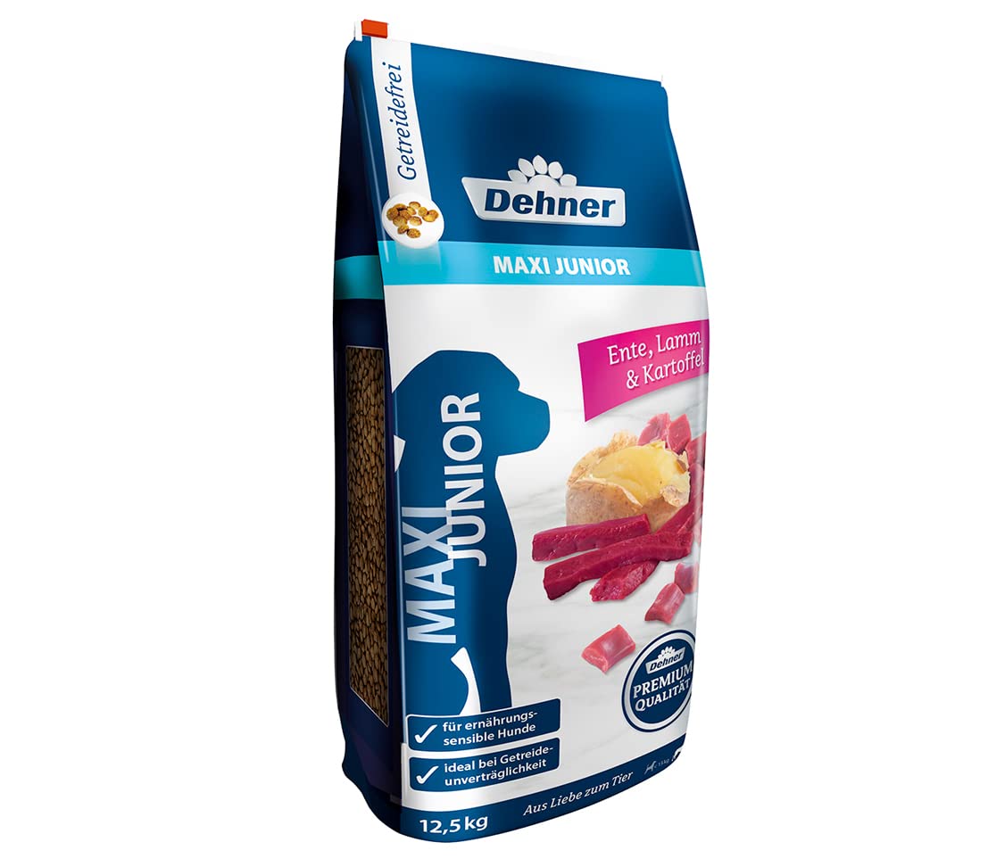 Dehner Premium Hundefutter Maxi Junior, Trockenfutter getreidefrei, für Welpen und junge Hunde großer Rassen, Ente / Lamm / Kartoffel, 12.5 kg