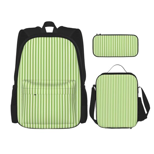 WURTON Schulrucksack-Set 3-in-1 mit Lunchbox, Federmäppchen, Reise, Laptop, Tagesrucksack, Grün gestreift