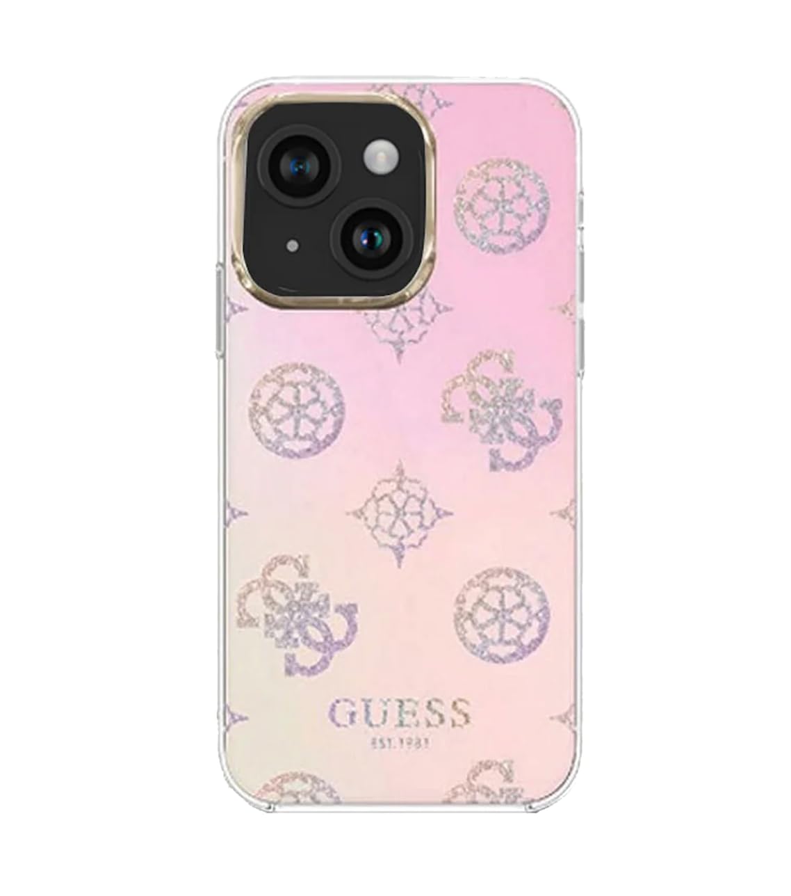 CG MOBILE Guess Handyhülle für iPhone 15 Plus in schillernder IML-Hülle mit rosa Kordel, kratzfest, bequem und langlebig, Hartschale mit zugänglichen Anschlüssen, Stoßdämpfung