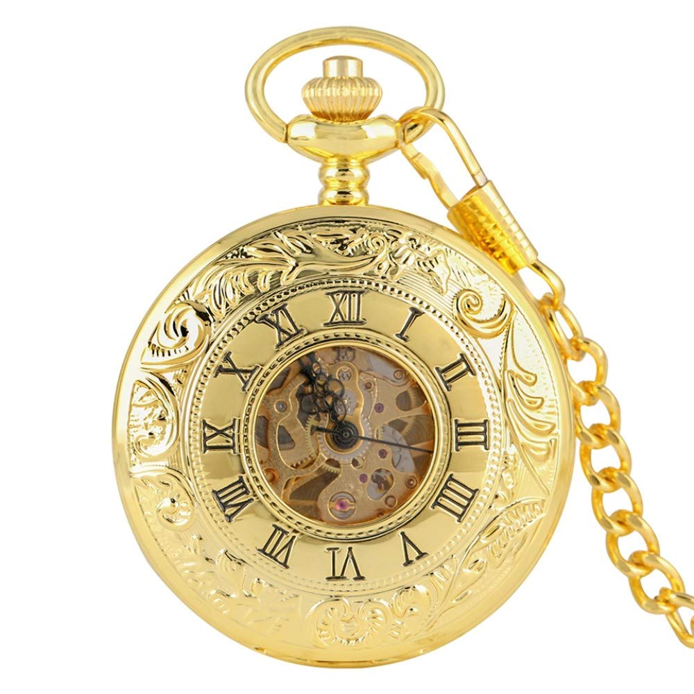 YIHANSS Top Luxus Gold Farbe Antike Mechanische Skelett Taschenuhr Handaufzug Doppel Offene Seite Kette Stunde Uhr