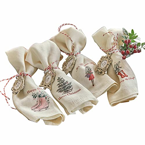 LOBERON® Serviette 4er Set Merry & Bright, Leinen, H/B ca. 40/40 cm, weiß/rot