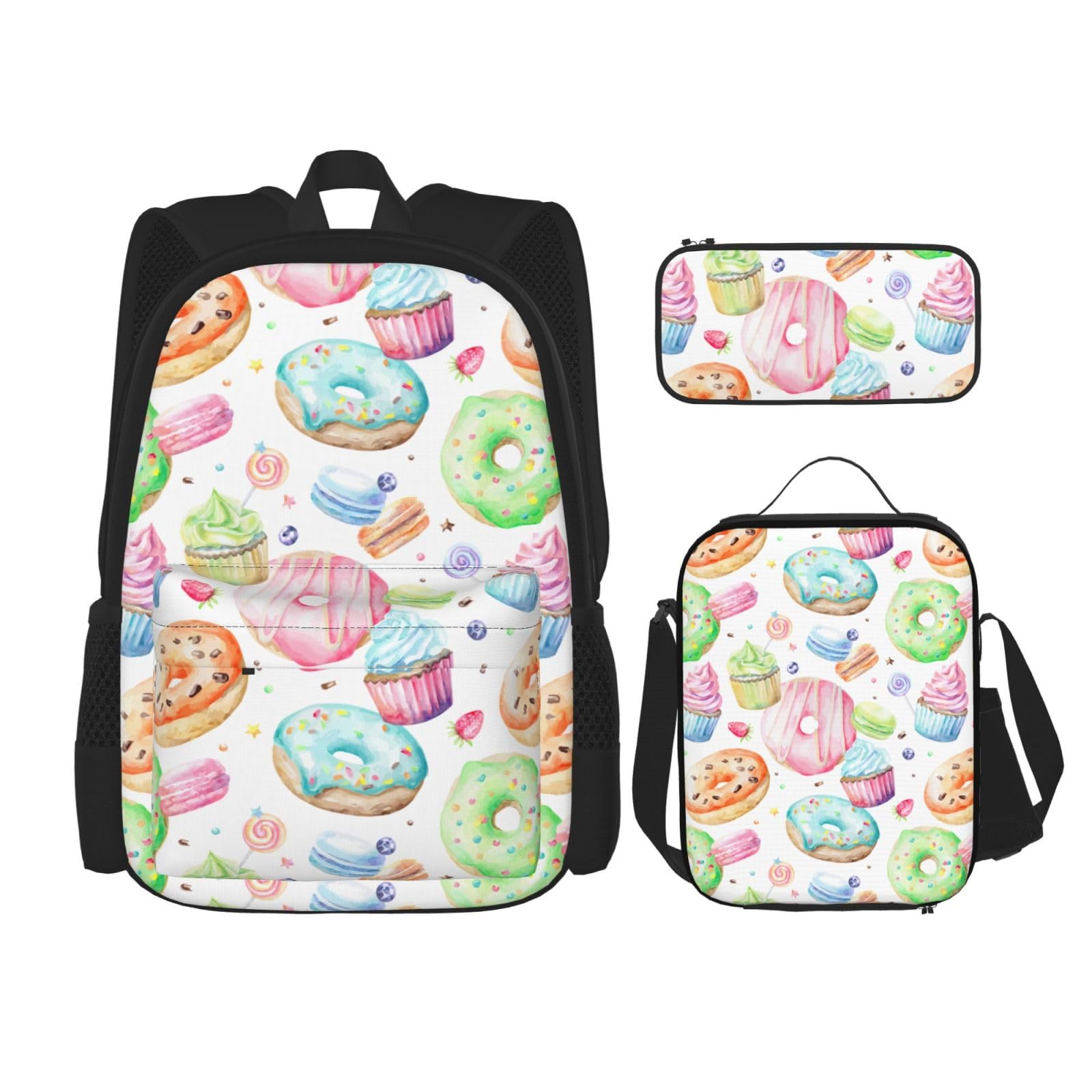 WURTON Cupcakes, Donuts, Muffins, Zucker-Druck, 3-in-1 Büchertaschen-Set, verstellbarer Schulter-Rucksack, Lunch-Tasche, Federmäppchen, Beutelbox