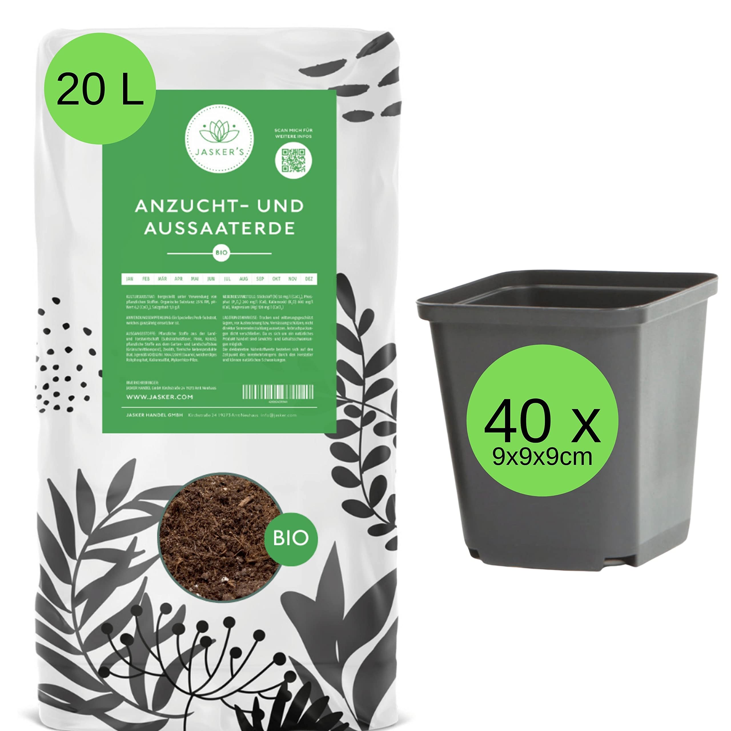 Bio Anzuchterde 20 L + 40 x Anzuchttöpfe eckig - 100% Torffrei - Ungedüngte Aussaaterde zur Anzucht - Ansaaterde Für Stecklinge - Anzucht-Erde für Tomaten, Chili, Kräuter, Gemüse