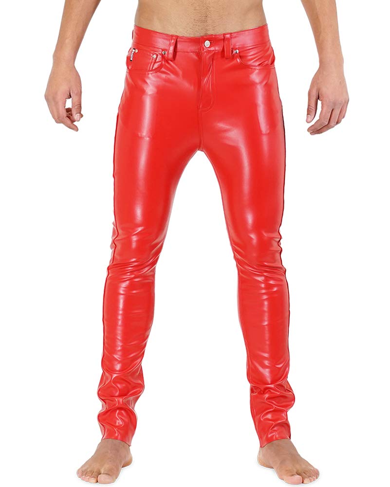 Bockle® F-Skinny Lederhose Herre Kunstlederhose Rot Tube Röhre Skinny Slim Fit Herren, Size: W42/L36