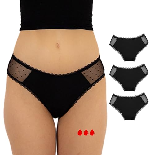 Relixa Periodenunterschwäsche Menstruationsunterwäsche Perioden Unterhosen Damen Set 3er-Pack für Damen und Mädchen XS-6XL, 3 schwarz, Spitze, 5XL