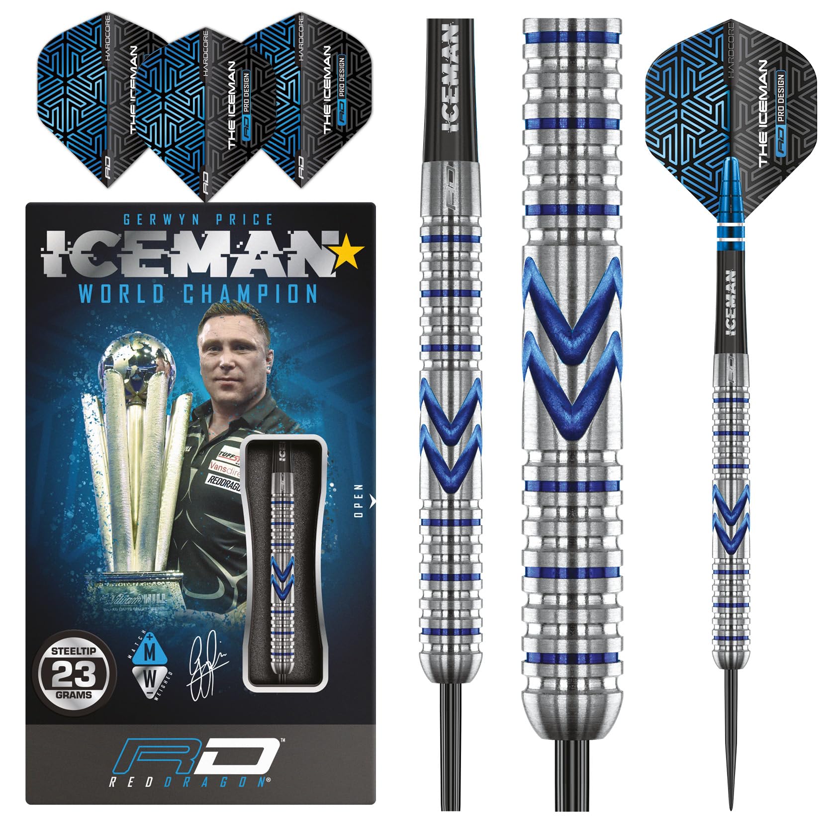 RED DRAGON Gerwyn Price Iceman Midnight Edition 23 Gramm Premium Wolfram Steeltip Dart Set mit Flüge und Schäften