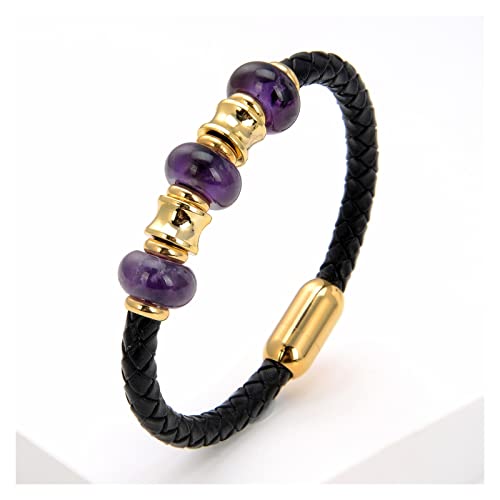 Armbänder aus rauem Kristall, natürliche Amethyste, Perlenarmband für Damen, schwarze geflochtene Lederseilkette, goldene Edelstahlkette, Herrenschmuck, Zubehör, verstellbar (Farbe: Pulverkristall,