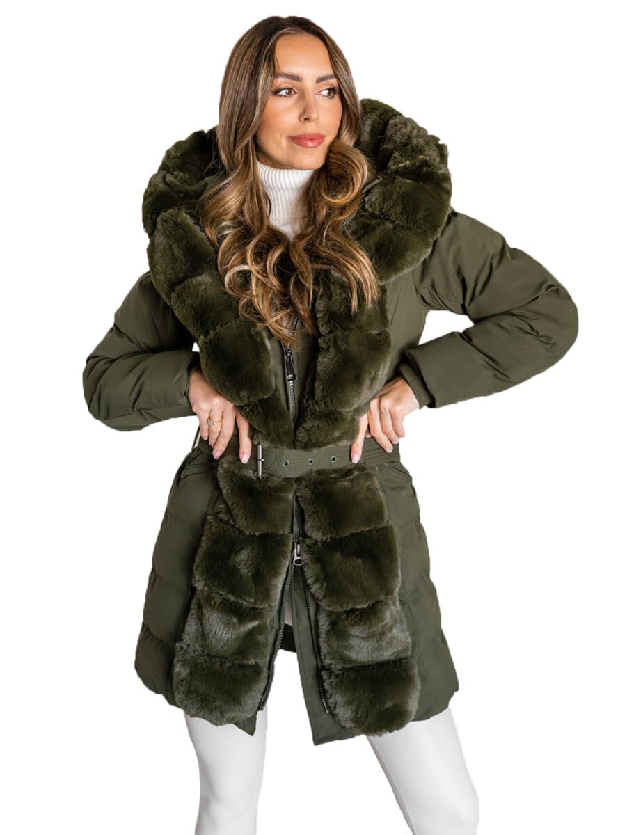 BOLF Damen Winterjacke Parka Gefüttert mit Kunstfell Kapuze Wintermantel Lange Steppjacke Daunenjacke Puffermantel Sportjacke Warm Gefüttert Freizeit Outdoor Casual Style 5M3158 Khaki M [D4D]