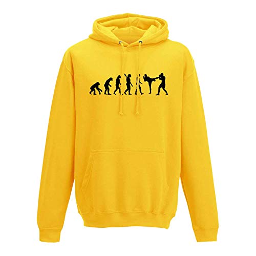 Hoodie Evolution Kickboxen Kampfsport Karate Boxen MMA 13 Farben Herren XS - 5XL Kampfkunst Muay Thai Jiu Jitsu Taekwondo Cage-Fight, Größenauswahl:L, Farbauswahl:gelb - Logo schwarz