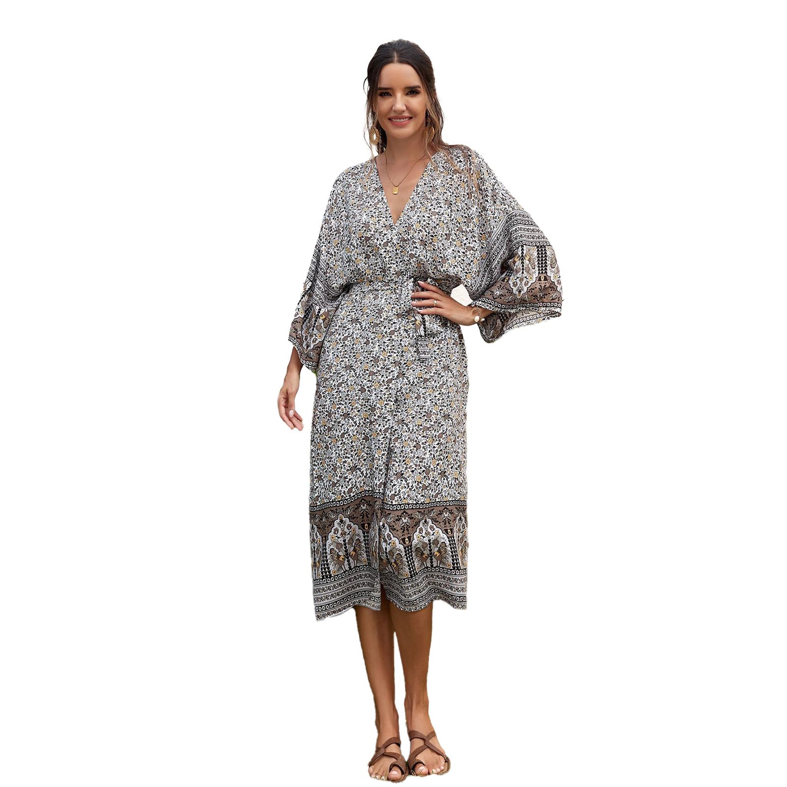 Uitndvyte Damen-Kimono, Bohemian-Blume, vorne offen, lässig, lockeres Oberteil, Strandkleid mit Gürtel