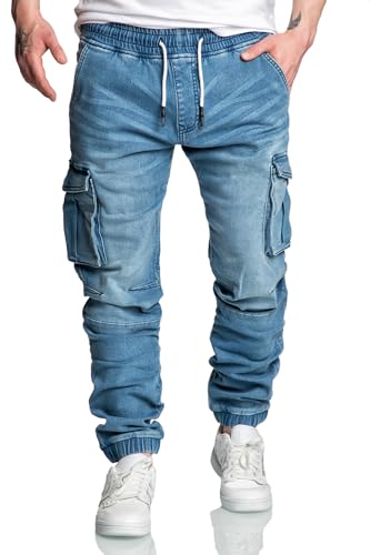 Amaci&Sons Herren Sweathose in Stretch Denim Männer Cargo Jogging Jeans 7024 Hellblau W33