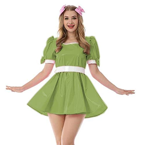 Leder PVC Kleid Damen Kragen Vinyl Minikleid Sommer Jungfrau Kostüm Fancy Bow Oversize Damenkleid, Fruchtgrün, 6XL