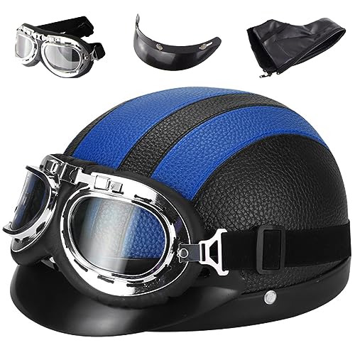 Motorradhelm Retro Leder Halbhelme Halbschale Jet-Helm Mit Fliegerbrille Motorrad Brain-Cap Halbschalenhelm Roller-Helm Mofa-Für Helm Herren Damen Mopedhelm Halber Jethelm ECE-Zertifiziert