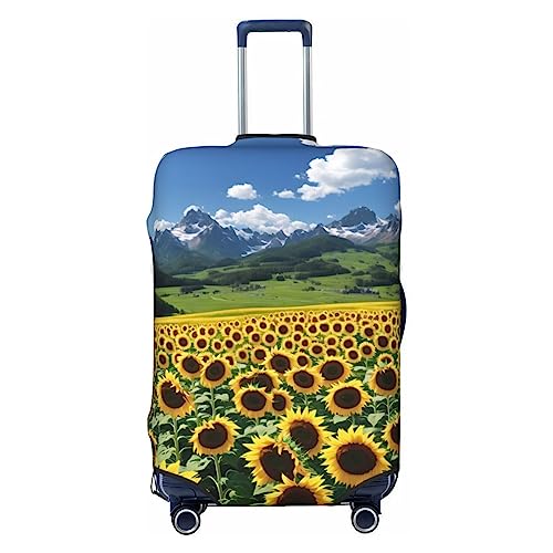 Reisegepäckabdeckung, Sonnenblumen über den Bergen und Feld, strapazierfähig, passend für 45,7 - 81,3 cm große Gepäckstücke, Größe M, Schwarz, Medium