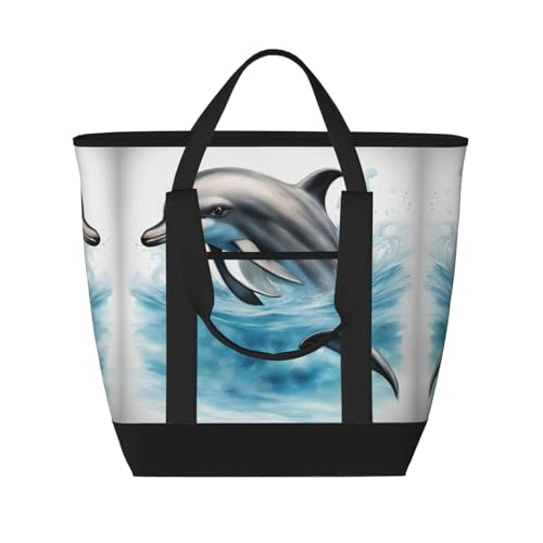 YQxwJL Isolierte Kühltasche, Einkaufstasche, Einkaufstasche, Motiv: Ozean, Delfin, mit Aufdruck "Looking At You", für Reisen, Strand, wiederverwendbar, für Erwachsene, Schwarz, Einheitsgröße