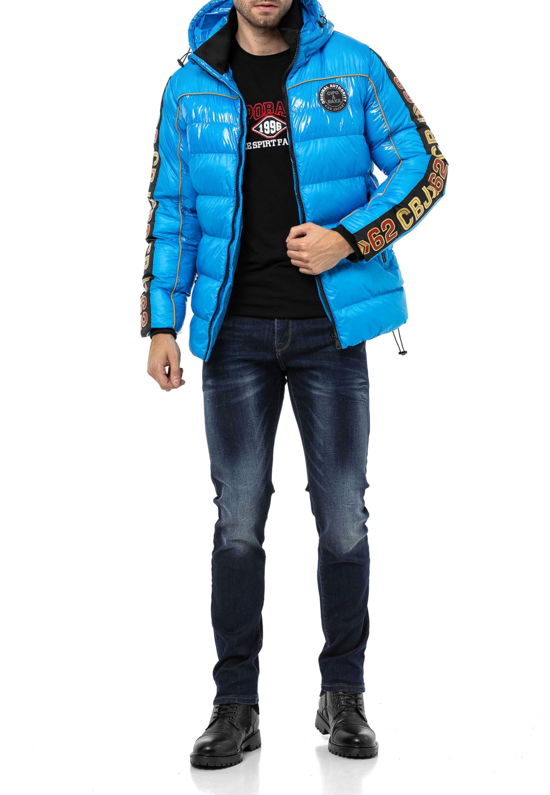 Cipo & Baxx Herren Steppjacke Winter Jacke Mantel Parka Kapuzenjacke Glanzoptik CM218 Blau XL