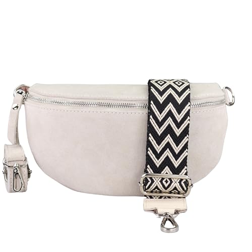 BLADE Bauchtasche Damen, Handgemachte Wildledertasche, Crossbody Bag, Gürteltasche Echtes Leder mit 2 abnehmbaren/verstellbaren breiten Gürteln, Umhängetasche aus Italien, Geschenk für Sie -Creme