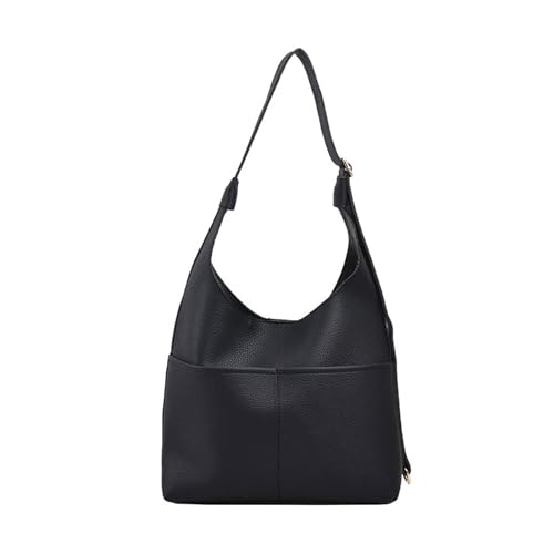 ohodhmnu Damen Tragetasche, 2023 Neue PU Lychee Textur Schultertasche Einfarbig Einkaufstasche Große Kapazität Crossbody Tasche für Mädchen Frauen Trendige Tasche, Schwarz , With pendant