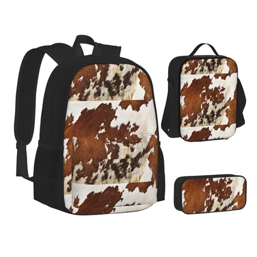 WURTON Schulrucksack-Set mit rotgoldenem Tapetendruck für Teenager, Lunch-Tasche, Federmäppchen, 3-in-1, Schulrucksack-Set, Kinderrucksack, Rotes und weißes Rindsleder., Einheitsgröße