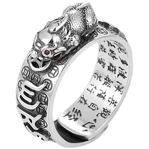 Glücksring, Feng Shui Pixiu Mantra Ring S925 Silber Buddhistisches Glücksamulett Mantra Doppelter Schutz Reichtum Liebe Gesundheit Ring Geschenk for Männer Frauen, Gold 2, verstellbar ( Color : Silver