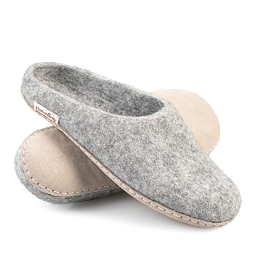 naturling Damen Filz Hausschuhe mit Leder Sohle - bequeme Filz Slipper für schmale Füße (Grau, numeric_41)