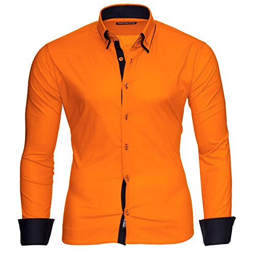 Reslad Herren Hemden bügelfreies Slim Fit Freizeithemd Männer Hemd Businesshemd zweifarbig 2 Kragen RS-7050 Orange Schwarz Gr L