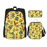 WURTON Auto und Fahrrad Druck Trendy Rucksack Taschen Lunchbox und Federmäppchen 3 in 1 Verstellbarer Rucksack Set, Schwarz, Einheitsgröße, Schwarz , Einheitsgröße