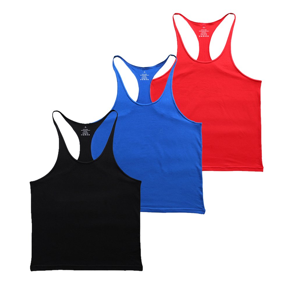 Herren Fitnessstudio Stringer Unterhemd Bodybuilding Trainieren Muskelshirt Baumwolle Schwarz+Blau+Rot XL