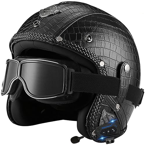 Bluetooth Jet Helm 3/4 PU Leder Motorradhelm Vintage Halbhelme Brain-Cap mit Schutzbrille Retro Scooter Offenem Helm Für Herren Damen ECE Zertifizierung Rollerhelm Halbschalenhelm