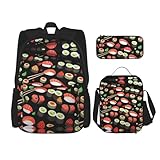 WURTON Japanischer Sushi-Garnelen-Druck, trendige Rucksacktaschen, Lunchbox und Federmäppchen, 3-in-1 verstellbares Rucksack-Set, Schwarz, Einheitsgröße, Schwarz , Einheitsgröße