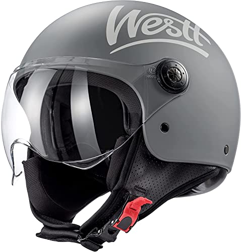 WESTT Classic Jethelm I Motorradhelm I mit Visier I Damen & Herren I ECE Zertifiziert I Größe L (57-58 cm) I grau