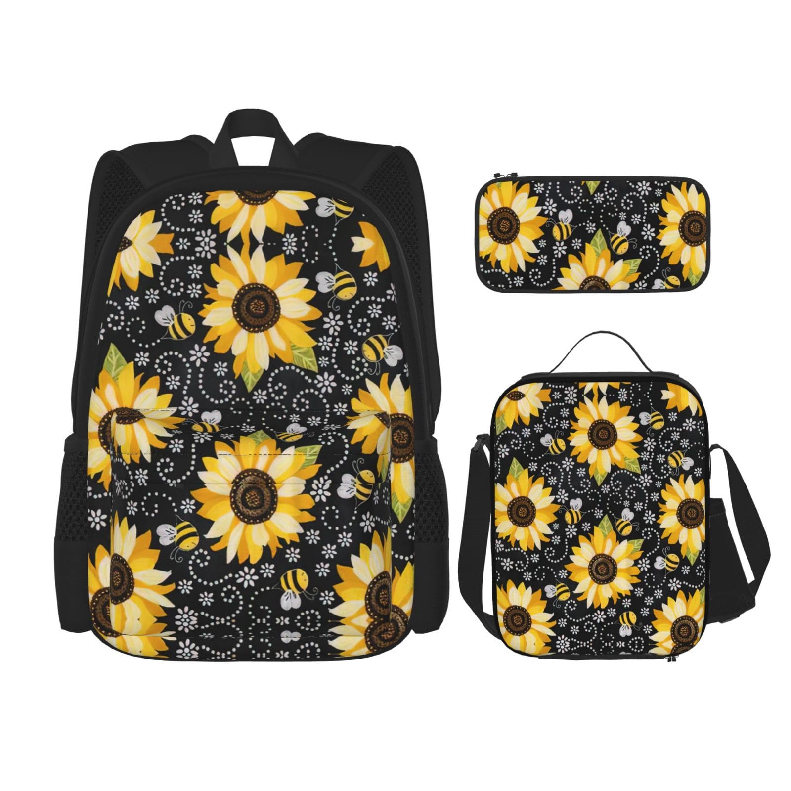 WURTON Sunflower Bees Print Lunch Box Pencil Case Backpack Set 3 Pieces Adjustable Straps Durable Lightweight, Schwarz, One Size