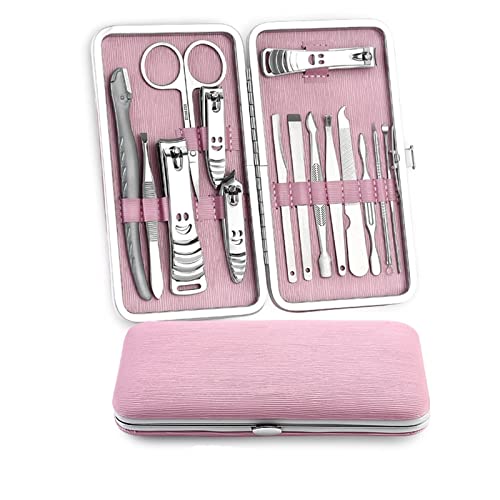 OPKDE Nagelknipser aus Edelstahl, Nagelknipser, Schere, Pinzette, Ohrlöffel, Pediküre, Maniküre-Set, Nagelkunst-Werkzeuge (15 Stück, rosa)